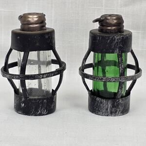 Vintage Miniature Lanterns Glass Metal Set of 2 Clear Green Rustic Decor